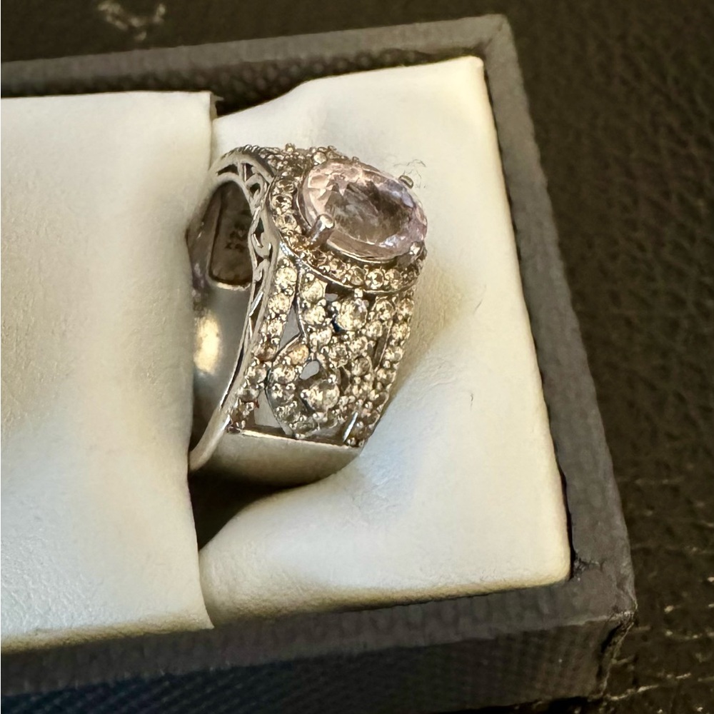 Oval Kunzite and Round White Zircon Rhodium over Sterling Silver. Size 7. - Picture 2 of 4